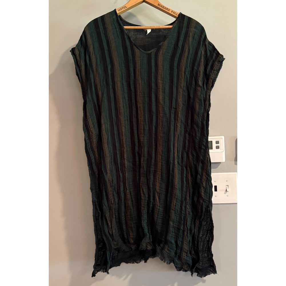 Eileen Fisher Tunic Women L/XL Green Black Striped Organic Cotton Gauze 4691